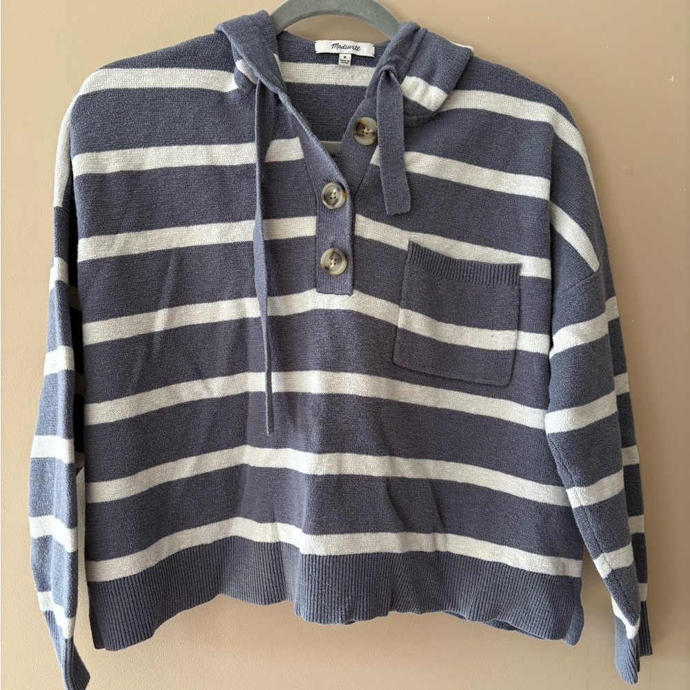 Madewell Dusty Blue and White Striped Cropped Pullover